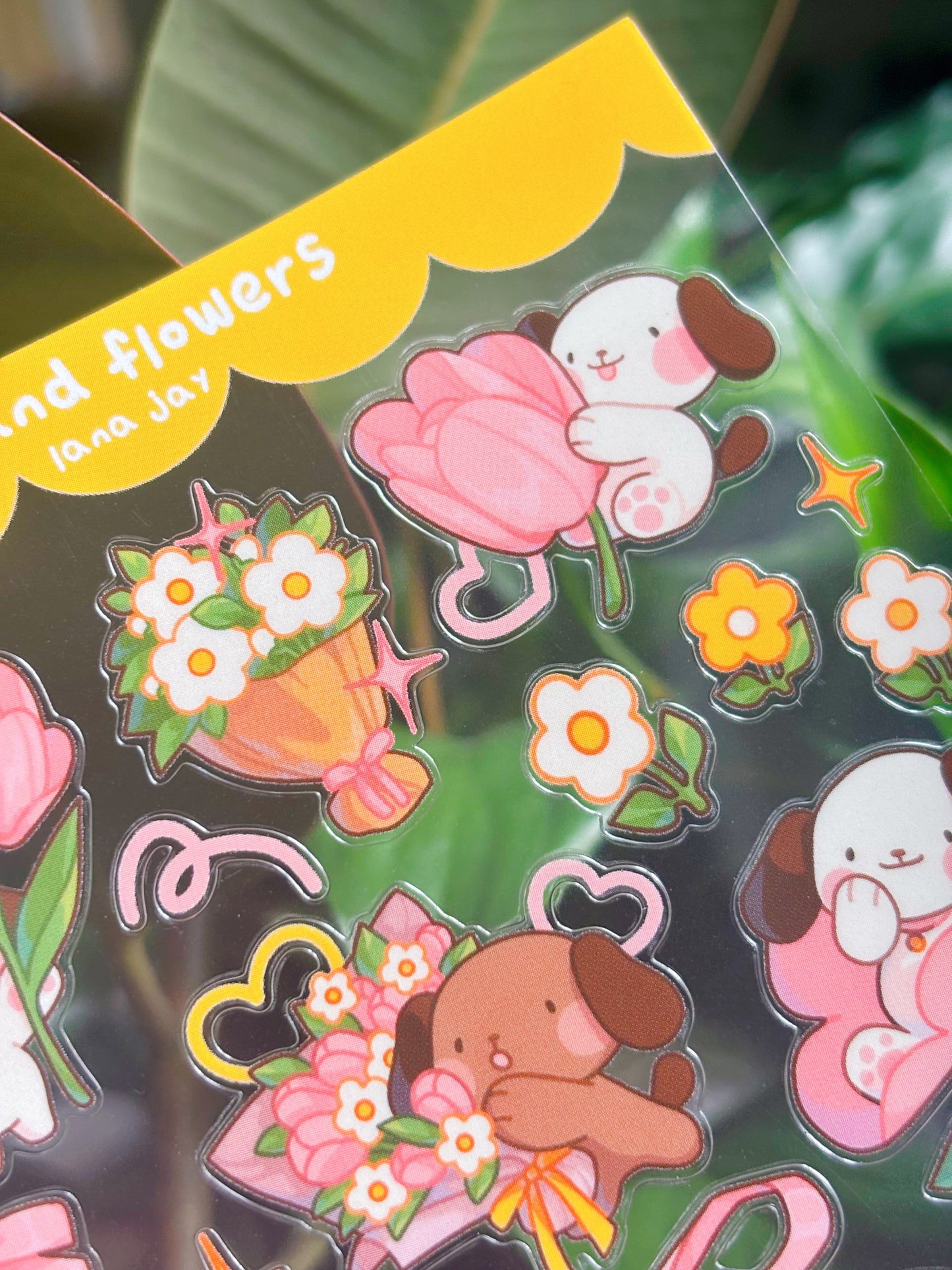 Pup & flowers - clear sticker sheet