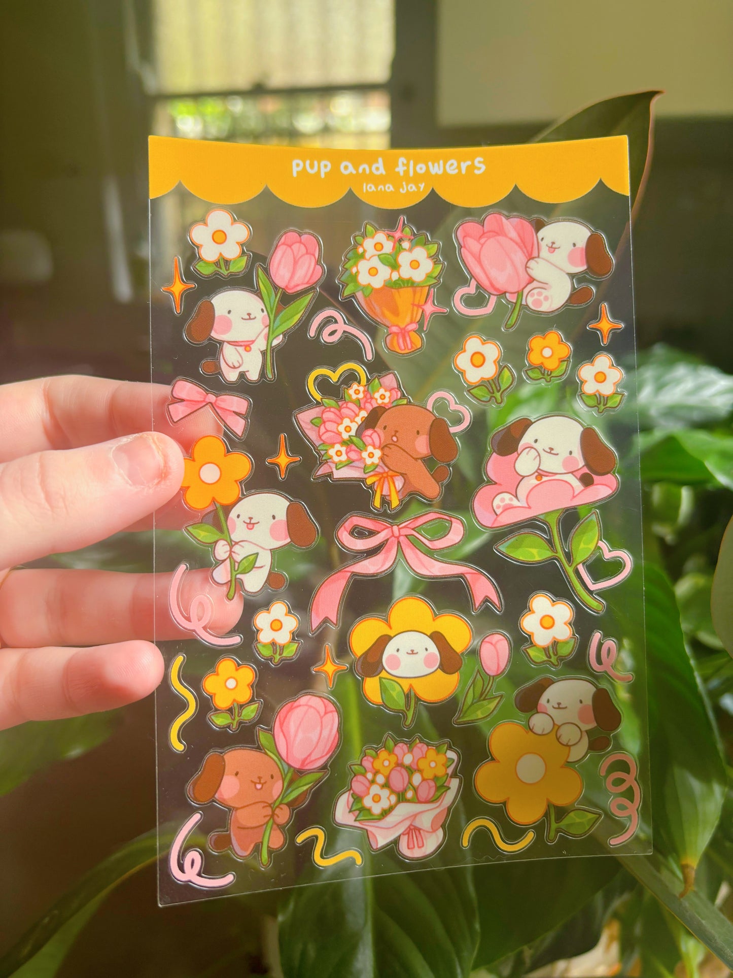Pup & flowers - clear sticker sheet
