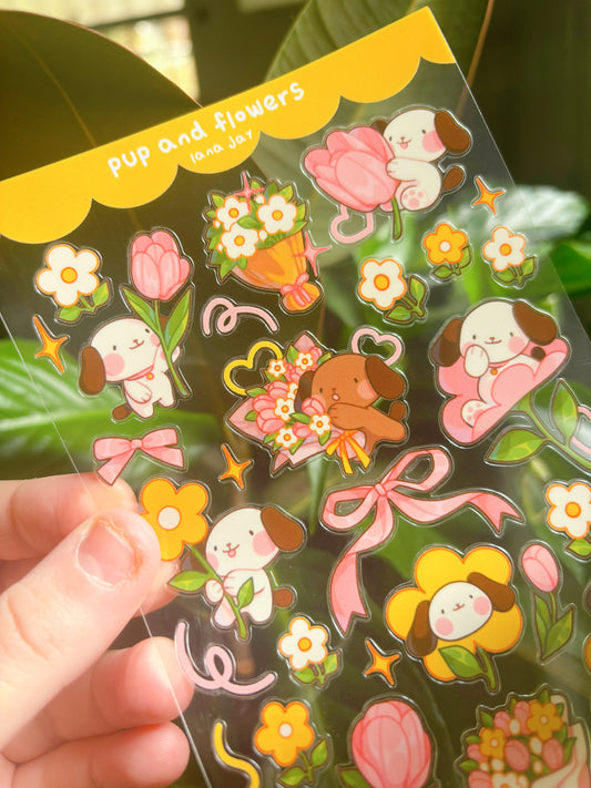 Pup & flowers - clear sticker sheet