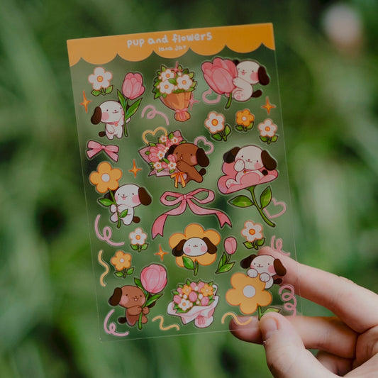Pup & flowers - clear sticker sheet