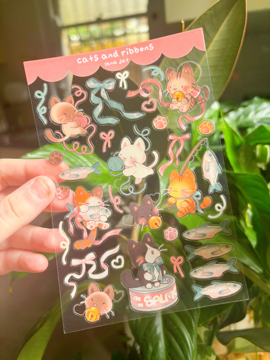 Cats & ribbons - clear sticker sheet