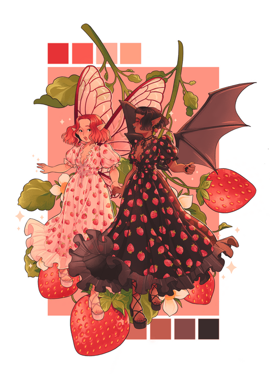 Strawberry dress Girls art print - A5 Print